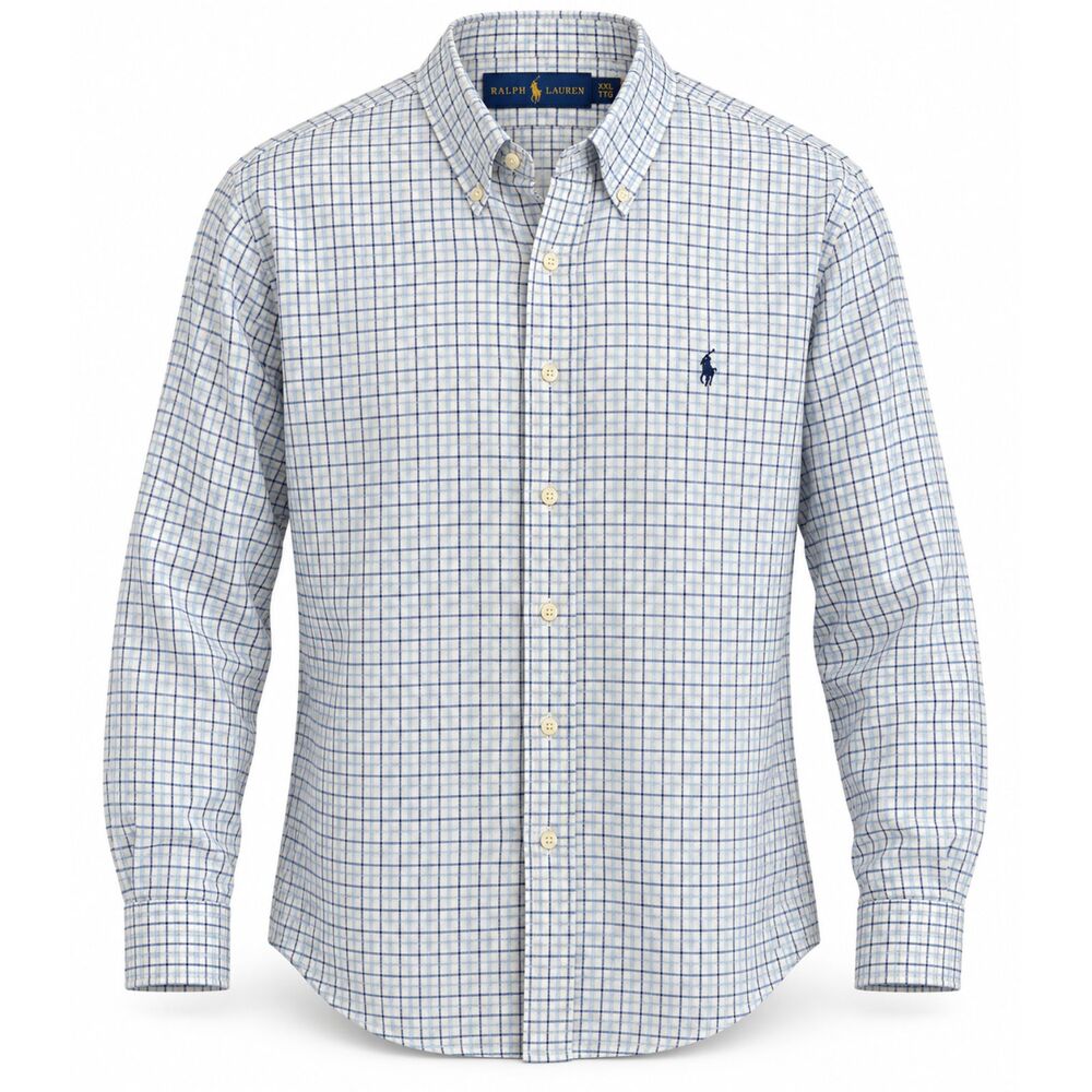 Polo Ralph Lauren Dress Shirt Graph Paper Plaid Mens XXL White Blue Pony Preppy